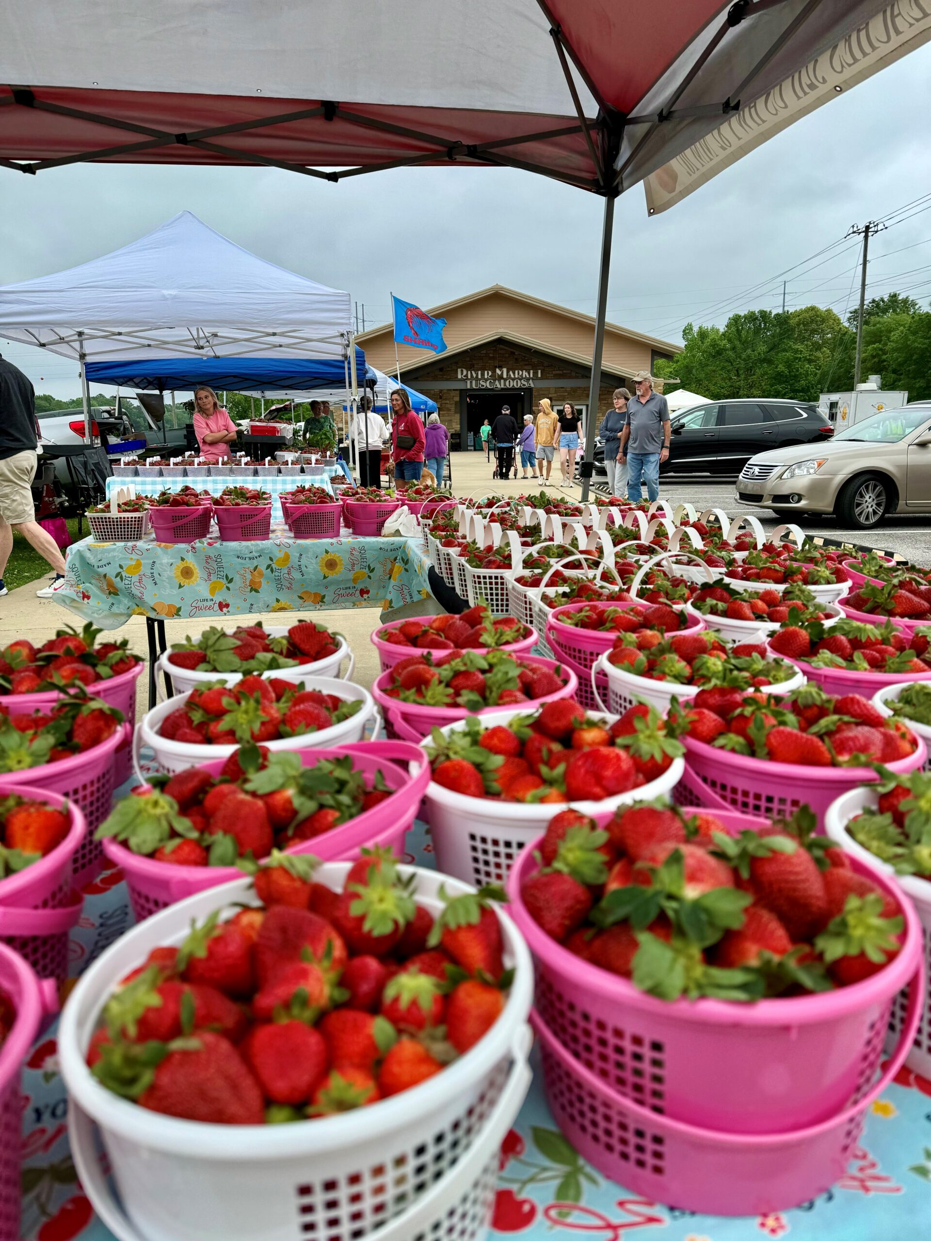 Front market view with strawberries